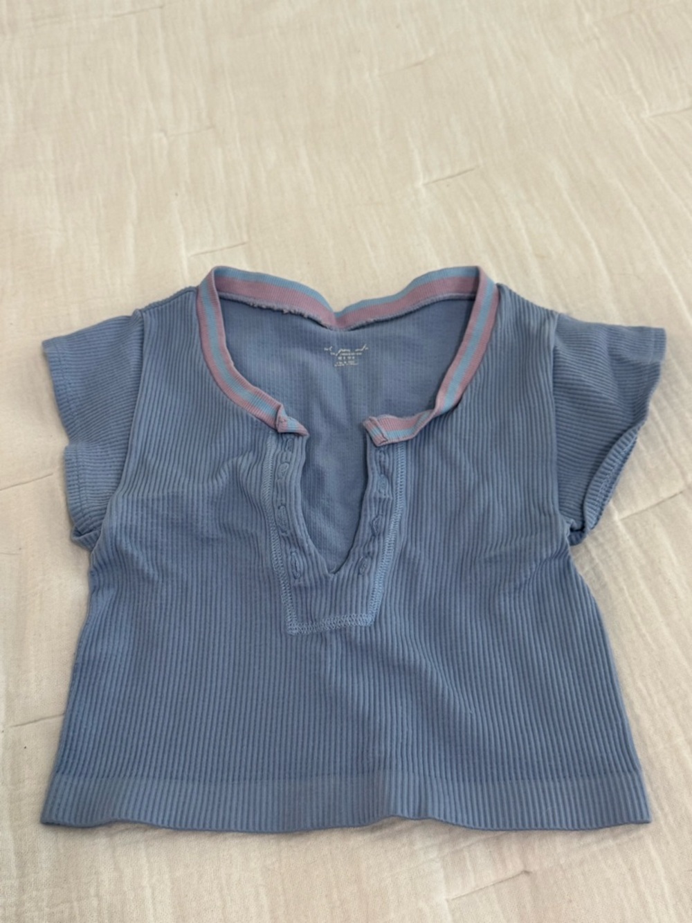 Urban Outfitters Blue Ribbed Short Sleeve Tee with Pink Trim